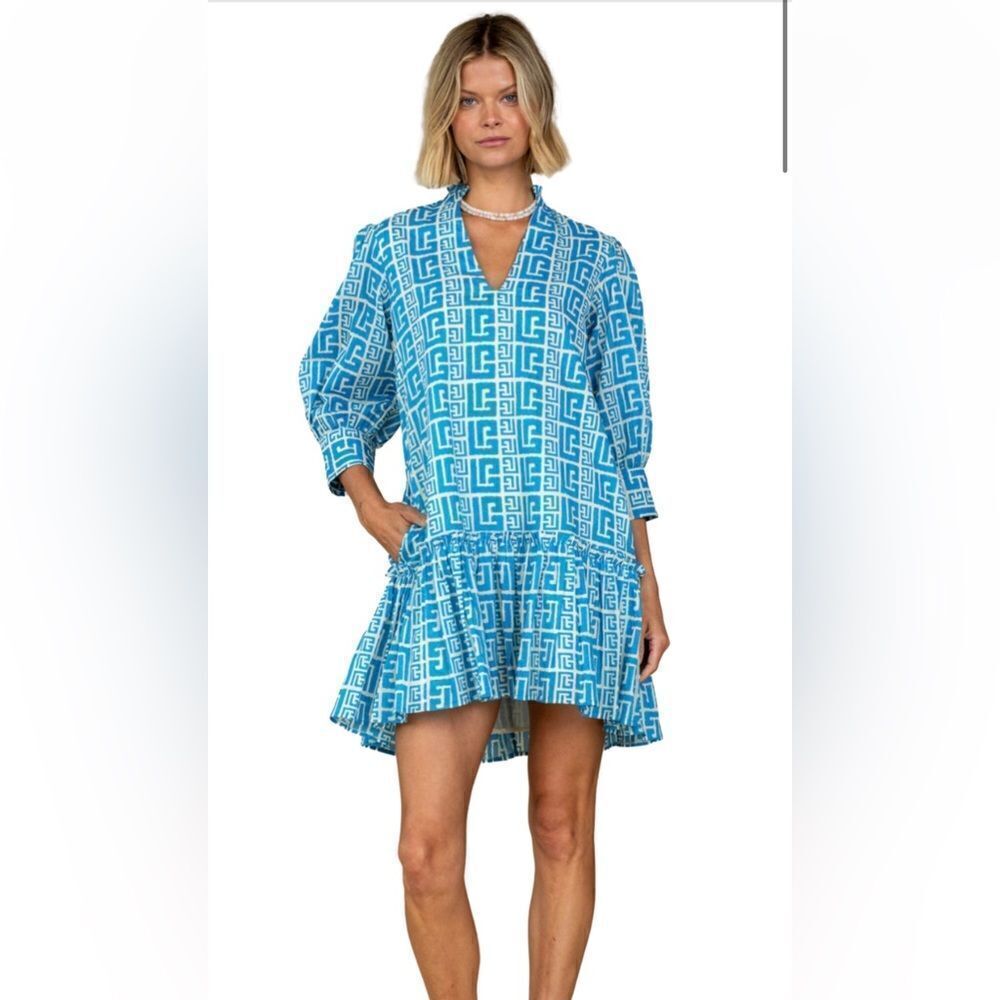 Olivia James The Label blue Greek key mini dress small s